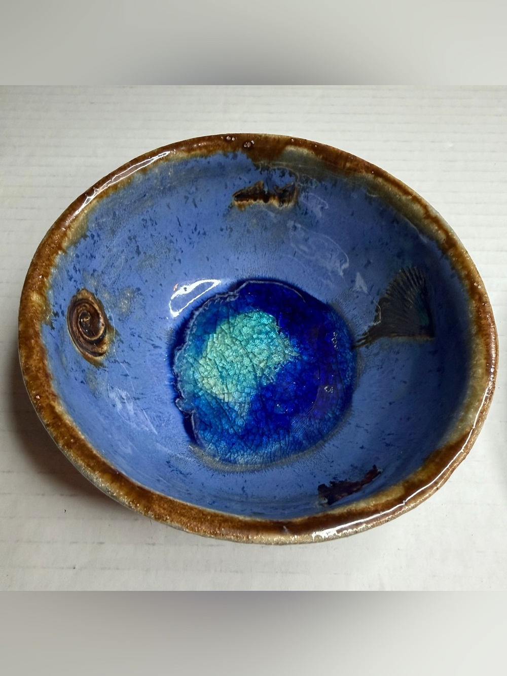 My Ocean Bahamas Studio Art Pottery Bowl Dish Handmade Blue Brown Glaze